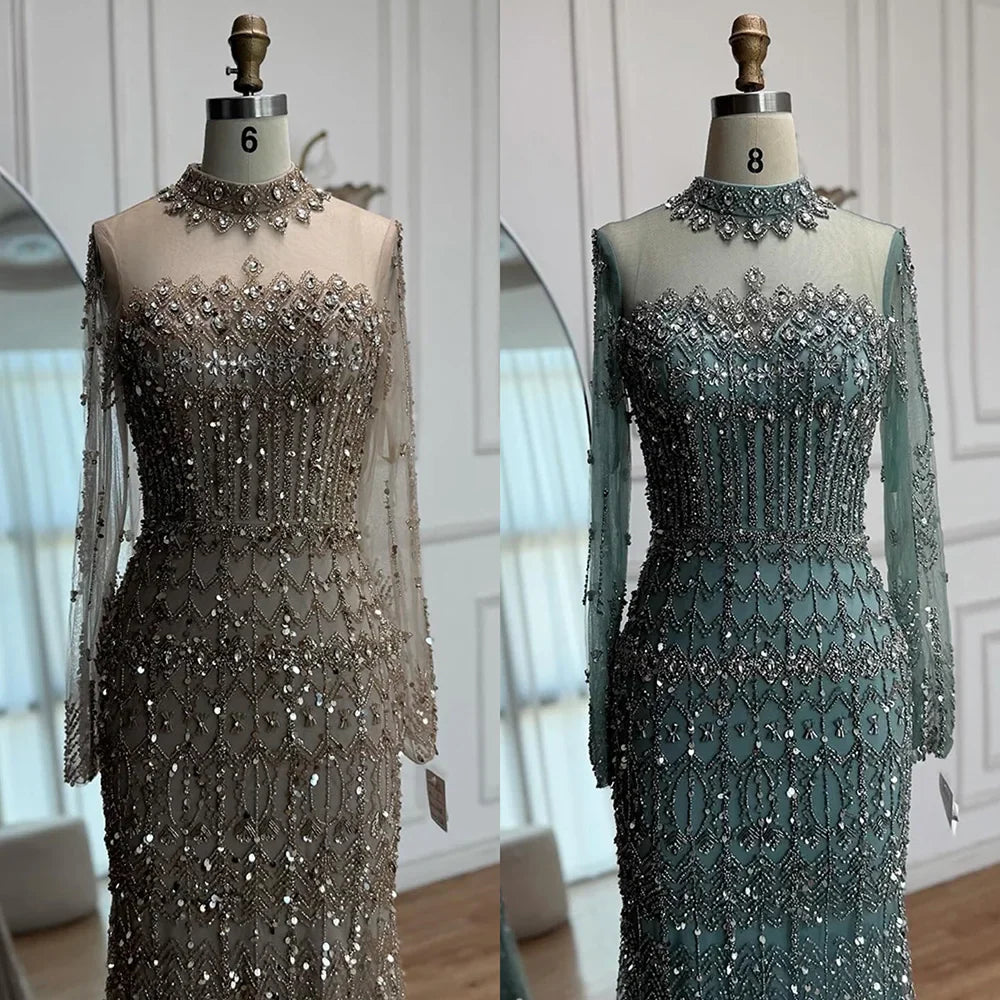 Luxury Arabic Turquoise Beaded Mermaid Evening Dress Long Sleeve LA72714C