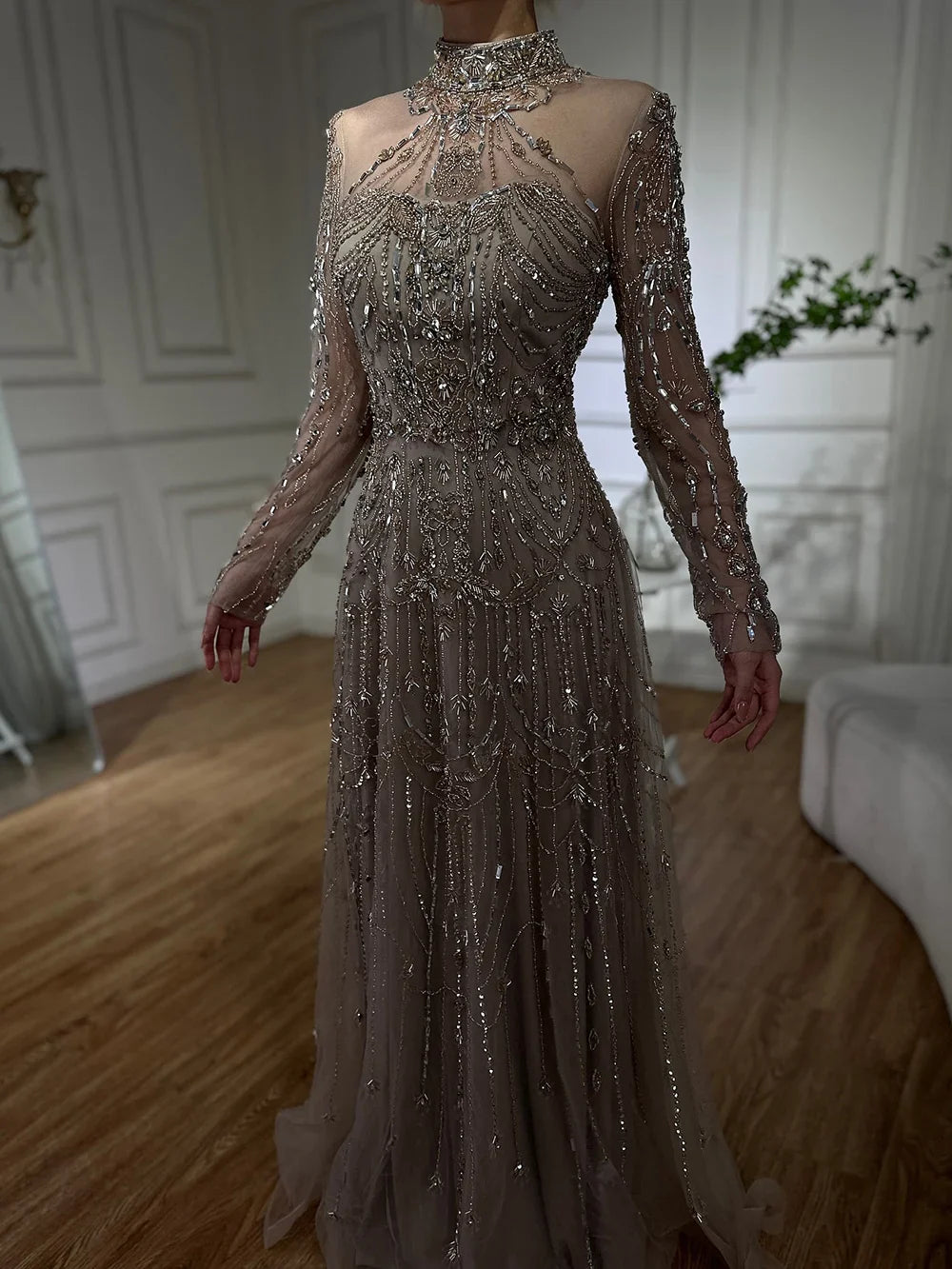 Luxury A-Line Blue Lace Beaded Turtleneck Evening Dresses LA72704
