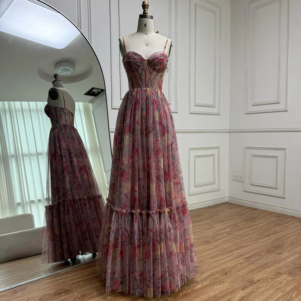 Luxury Pink A-Line Tulle Printed Ruffle Tiered Prom Dress LA73149
