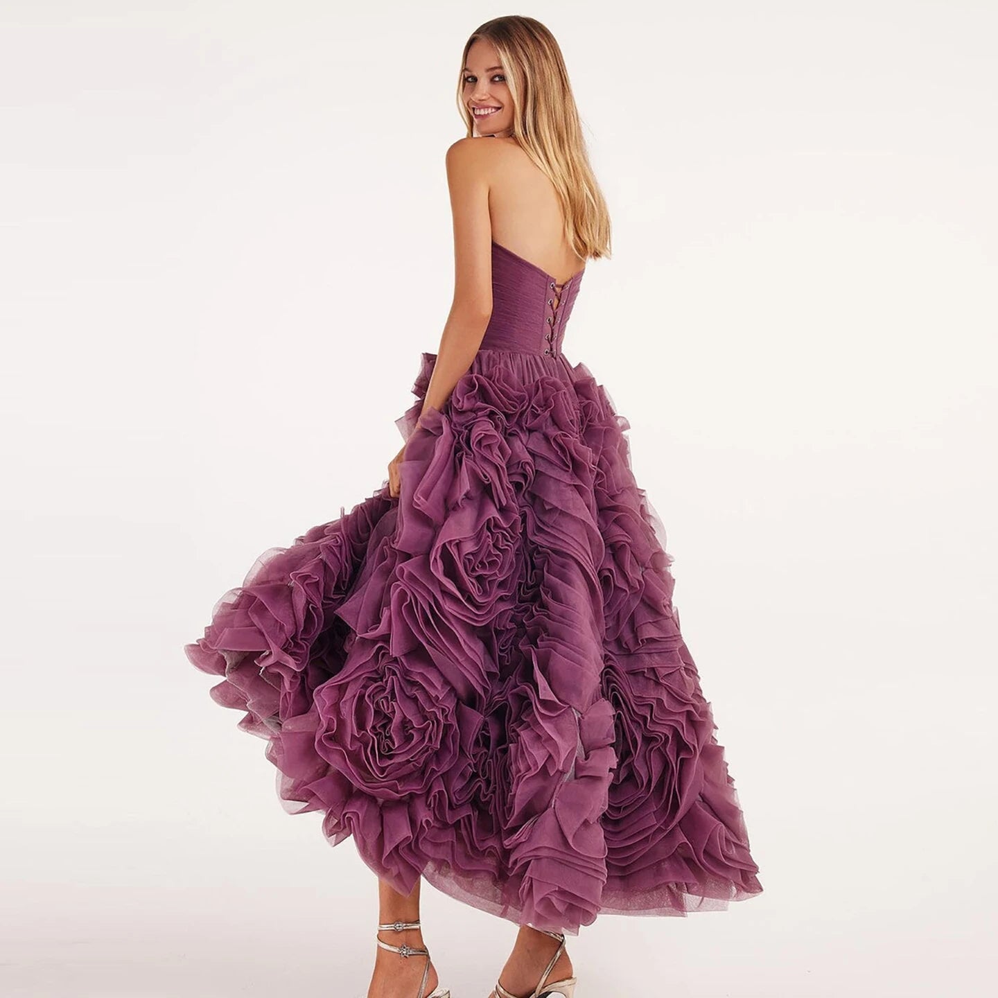 Luxury Purple 3D Rose Flower Strapless Princess Evening Dress LA73176