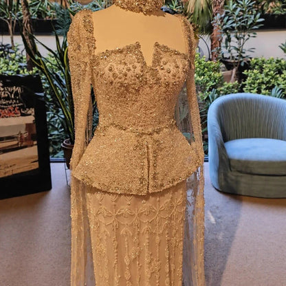 Luxury Nude Dubai Crystal Beaded Evening Dress with Cape LA73274