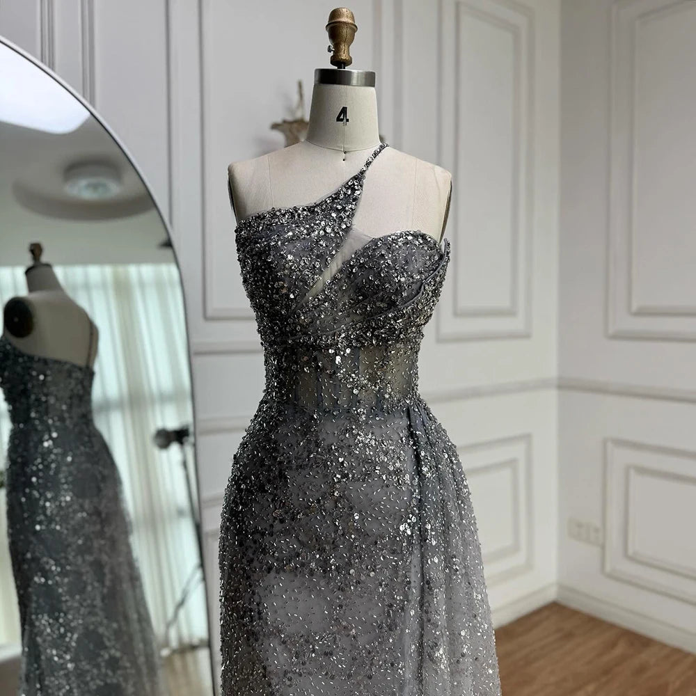Luxury Silver Gray Crystal Beaded One Shoulder Evening Dress with Overskirt LA73160