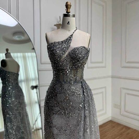 Luxury Silver Gray Crystal Beaded One Shoulder Evening Dress with Overskirt LA73160