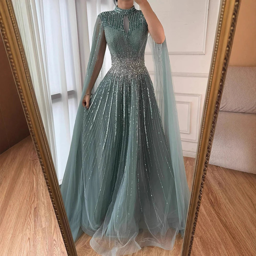 Luxury Modest Blue Beaded Evening Dress with Cape LA73059