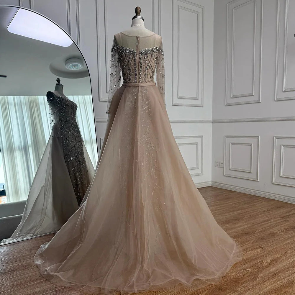Luxury Off Shoulder Beaded Evening Dress with Long Sleeves and Train LA72930