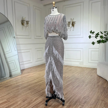 Luxury Dubai White Feathers Two Pieces Evening Dresses LA72098