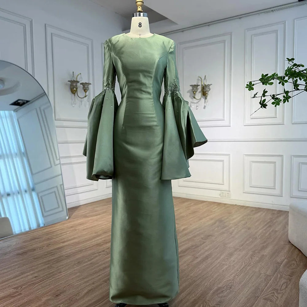 Luxury Sage Green Satin Evening Dress with Bell Sleeves 2025 LA73094
