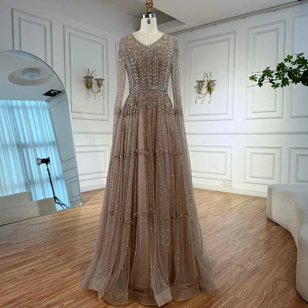 Elegant Caramel A-Line Beaded Evening Dress with Cape Sleeves LA73075
