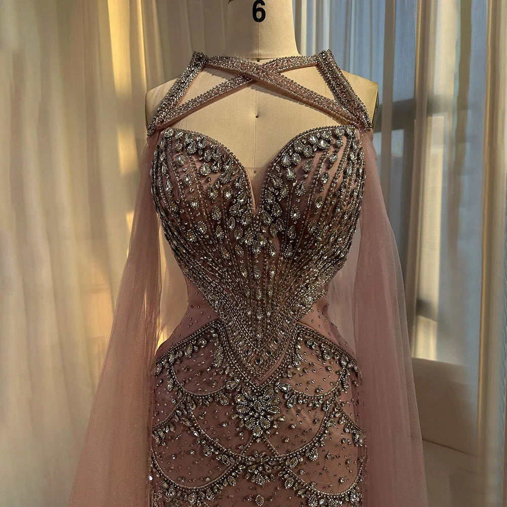 Luxury Nude Cape Sleeves Beaded Crystal Evening Dress LA72806