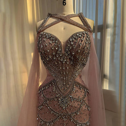 Luxury Nude Cape Sleeves Beaded Crystal Evening Dress LA72806