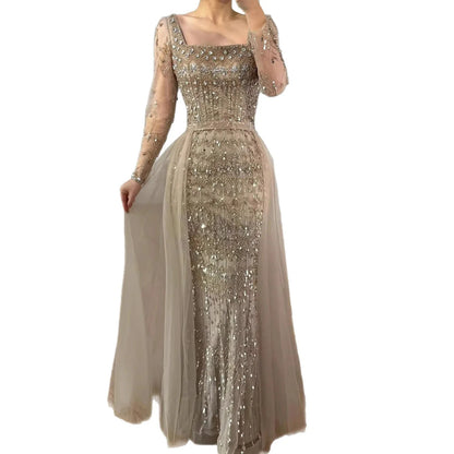 Luxury Arabic Square Neck Beaded Mermaid Evening Dress LA72714D