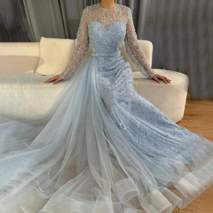 Luxury Dubai  Elegant Blue Saudi Arabic Evening Gown with Beaded Side Overskirt Dress for Formal Occasion LA72734