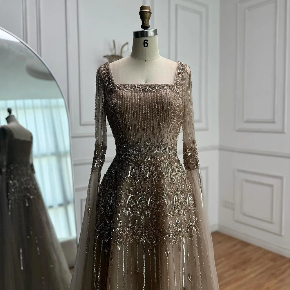 Caramel A-Line Evening Dress with Beaded Cape Sleeves LA73089