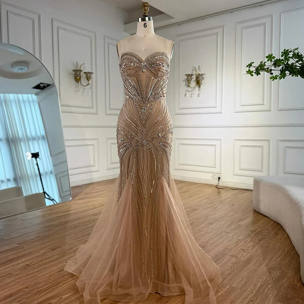 Luxury Nude Beaded High Neck Mermaid Evening Dress LA72897