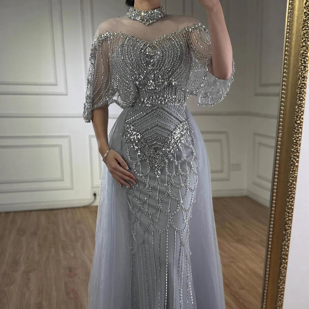 Luxury Gray Beaded Evening Dress with Overskirt LA73129