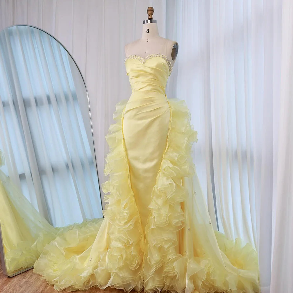 Yellow Ruffled Evening Gown with Beaded Details LA72889