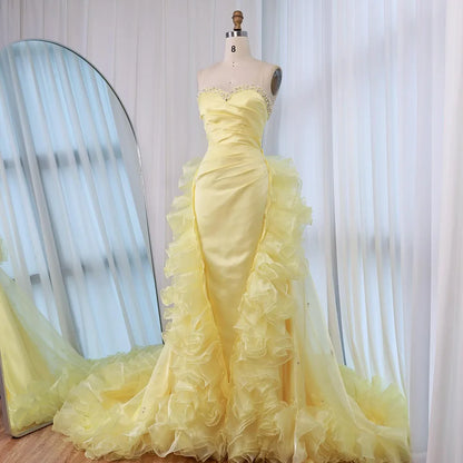 Yellow Ruffled Evening Gown with Beaded Details LA72889