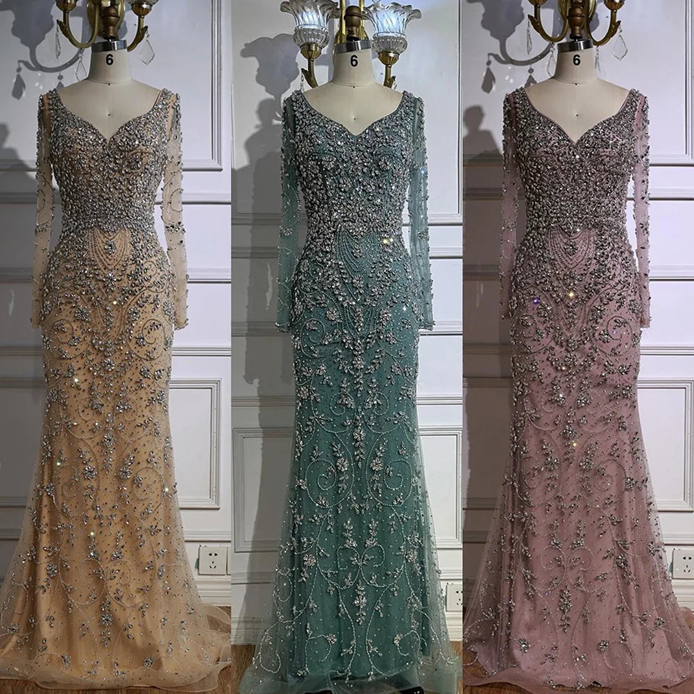 Luxury Nude Beaded Crystal Mermaid Evening Dress with Long Sleeves LA73042