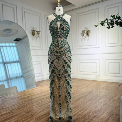 Luxury Dubai Elegant Blue Halter Neck Evening Gown Beaded Dress LA72760