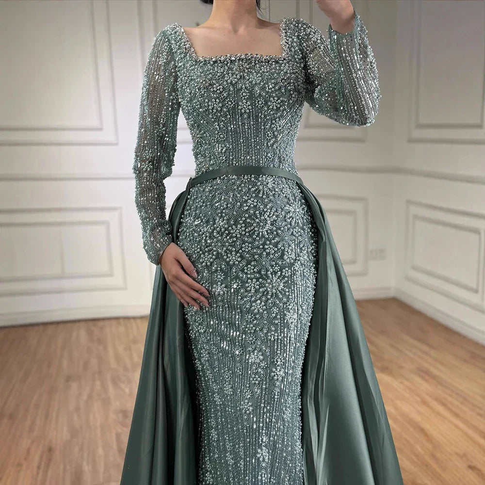Luxury Arabic Turquoise Mermaid Beaded Evening Gown with Overskirt LA72533A