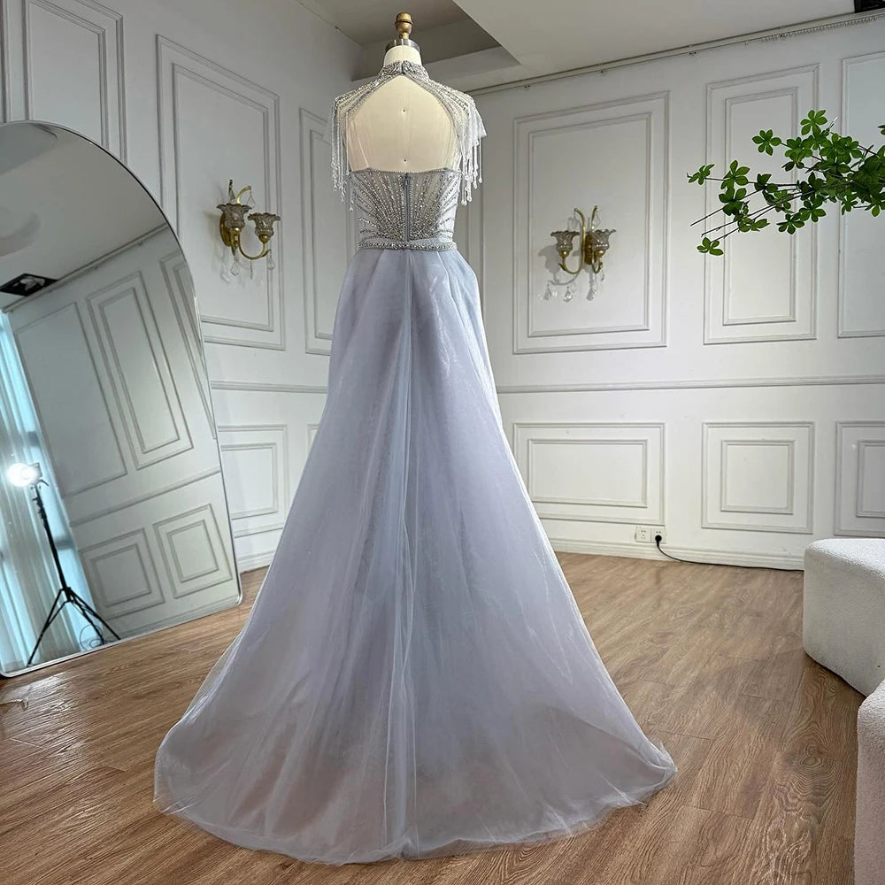 Luxury Nude Beaded Mermaid Evening Dress with Overskirt LA73182