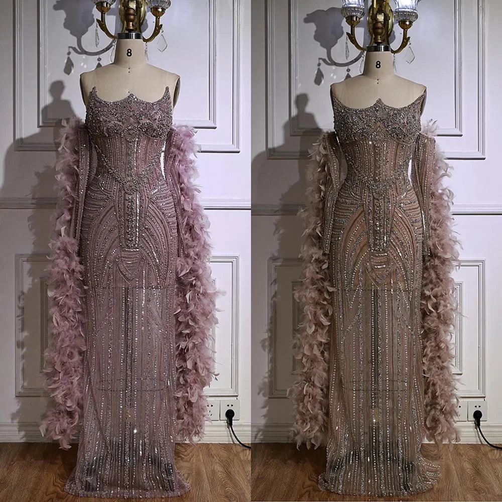 Luxury Caramel Beaded Mermaid Evening Dress with Feather Sleeves LA73055