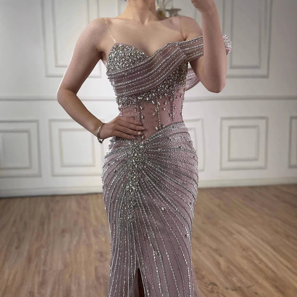 Luxury Pink Crystal One Shoulder Beaded Evening Dress Split LA73197