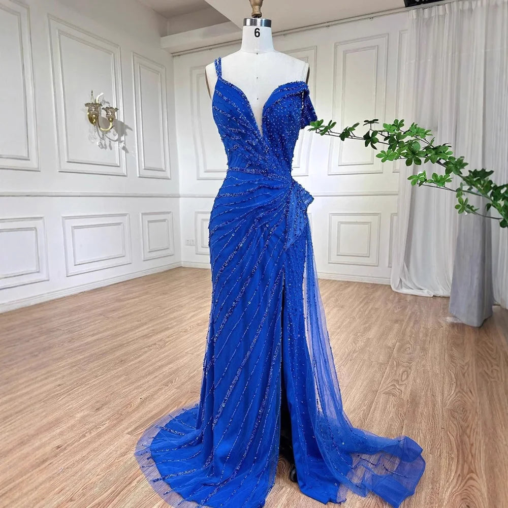 Luxury Blue Beaded Mermaid Evening Dress with Split LA71663