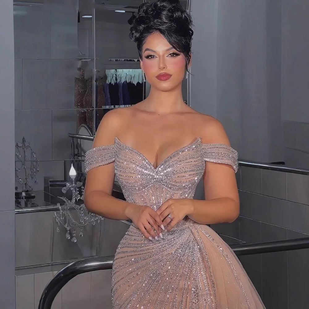 Luxury Nude Off Shoulder Beaded Mermaid Gown with Overskirt LA73139