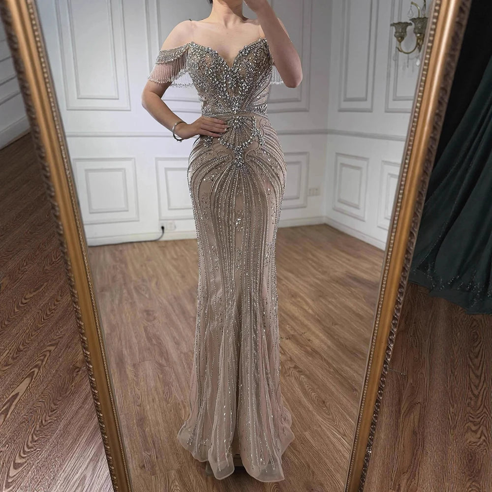 Luxury Pink Crystal Tassel Off Shoulder Evening Dress Dubai LA73204