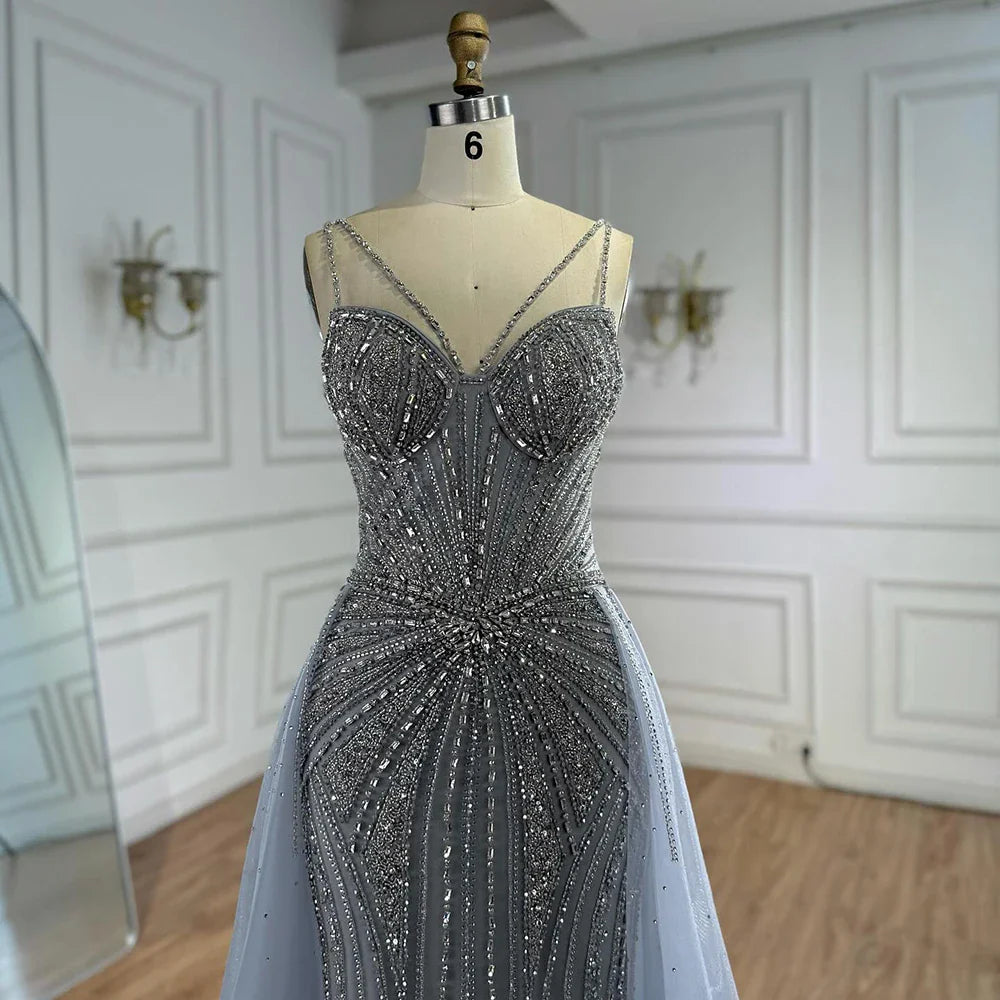 Luxury Nude Spaghetti Strap Mermaid Evening Dress with Overskirt Beaded LA73090A