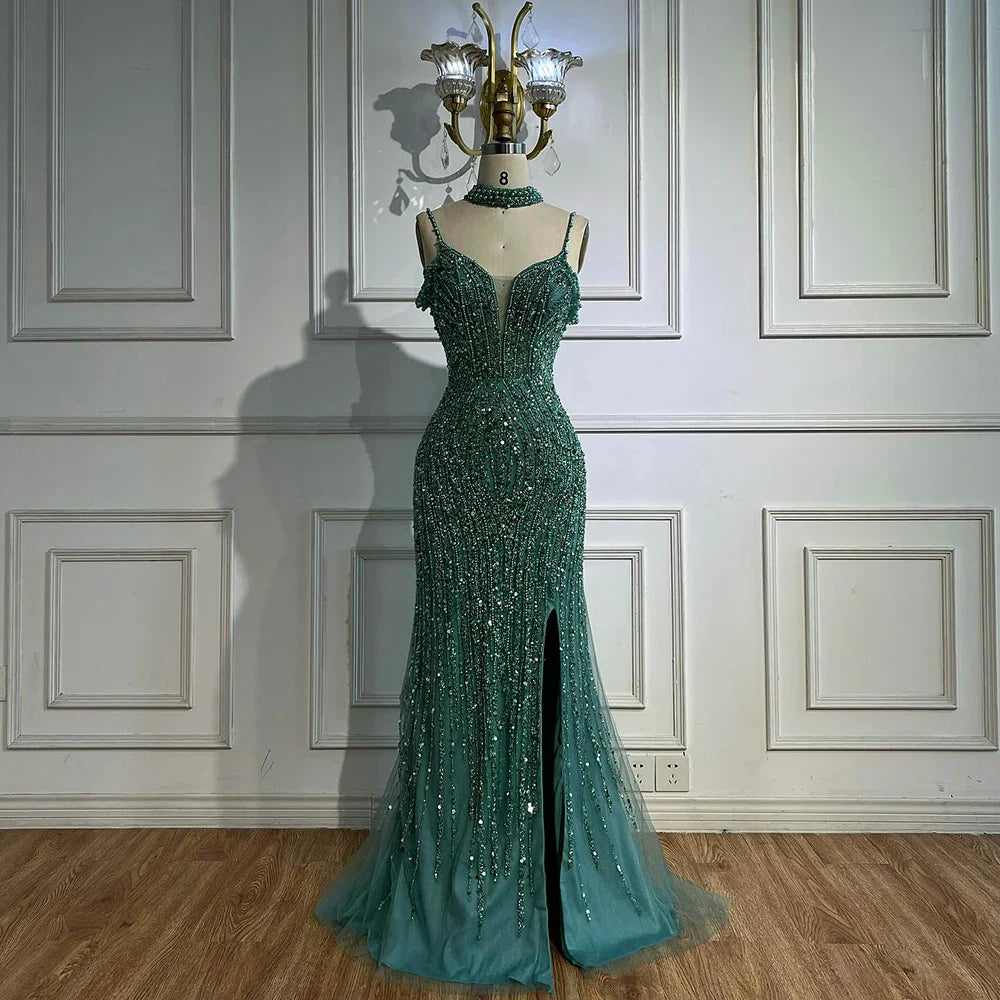 Luxury Silver Nude Beaded Evening Dress with Spaghetti Straps and High Slit LA72047C