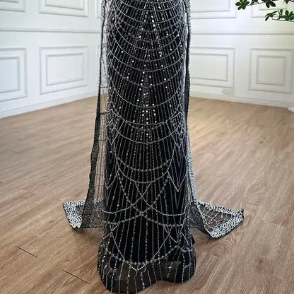 Luxury Blue Mermaid Evening Dress with Cape Sleeves Beaded Gown LA72160A