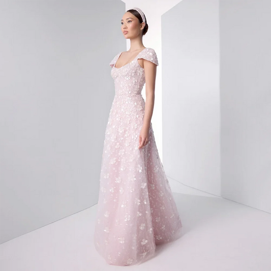 Luxury Pink Floral Appliqué Evening Dress with Open Back 2025 LA73119