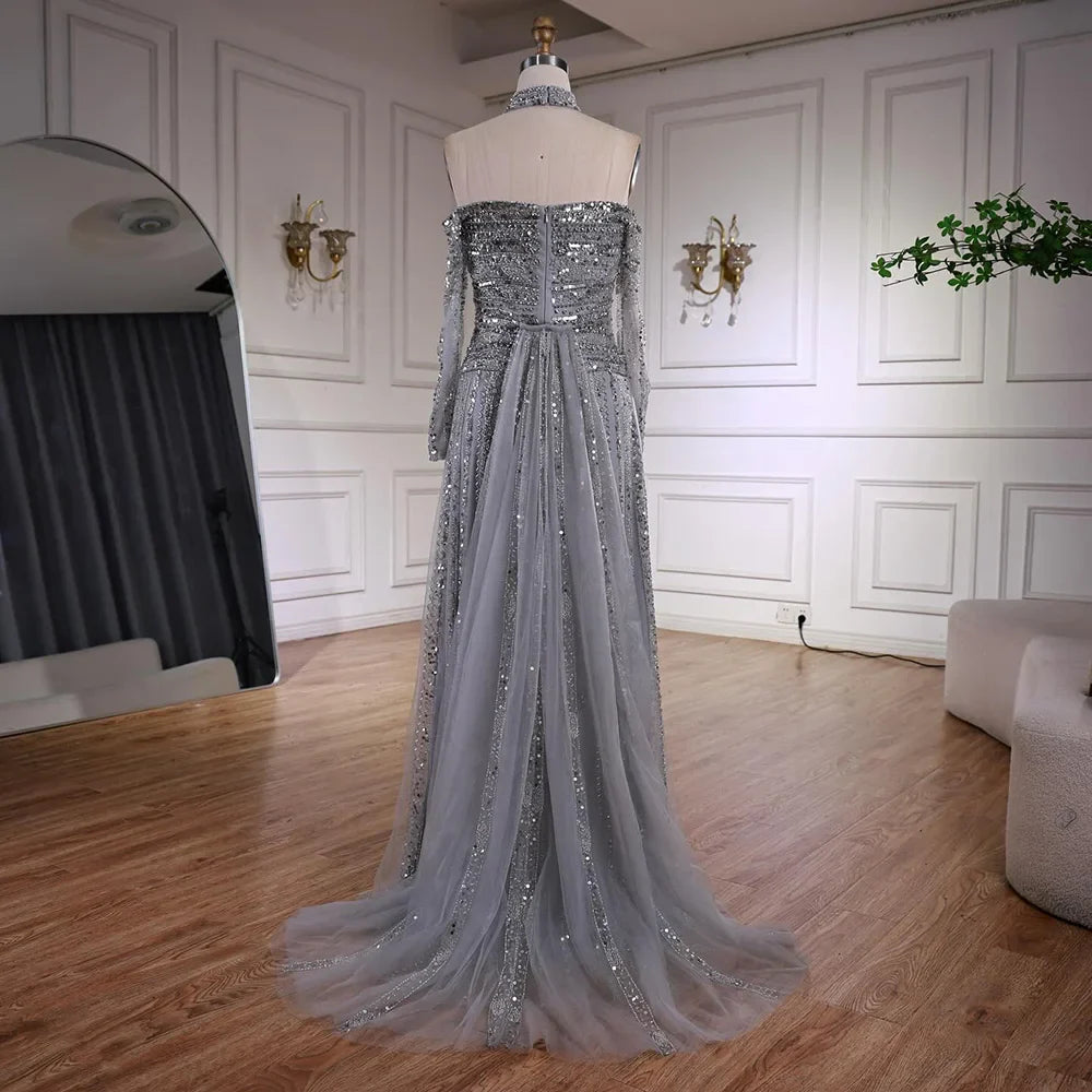 Caramel Off Shoulder Beaded Mermaid Evening Dress Long Sleeves LA73053