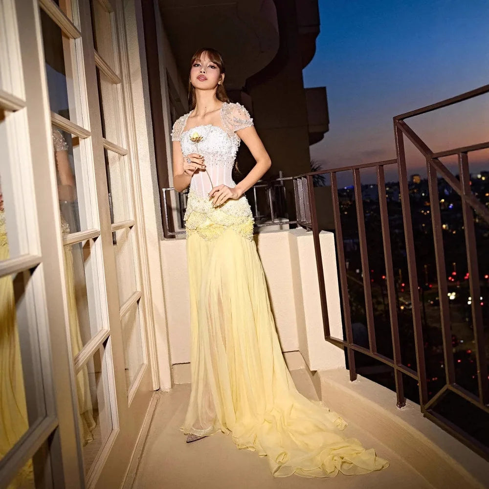 Luxury Yellow Pearls A-Line Evening Dress with Flowing Coat LA72978