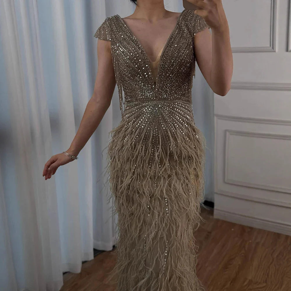Luxury  Brown Mermaid Elegant Beaded Evening Dress Gown with Feathers LA70801