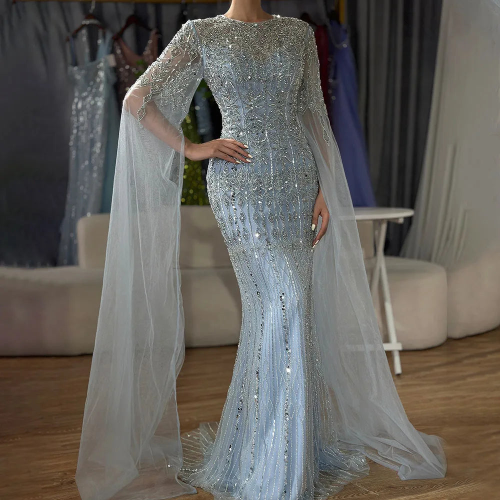Luxury Caramel Mermaid Crew Neck Cape Sleeve Evening Dress LA72775