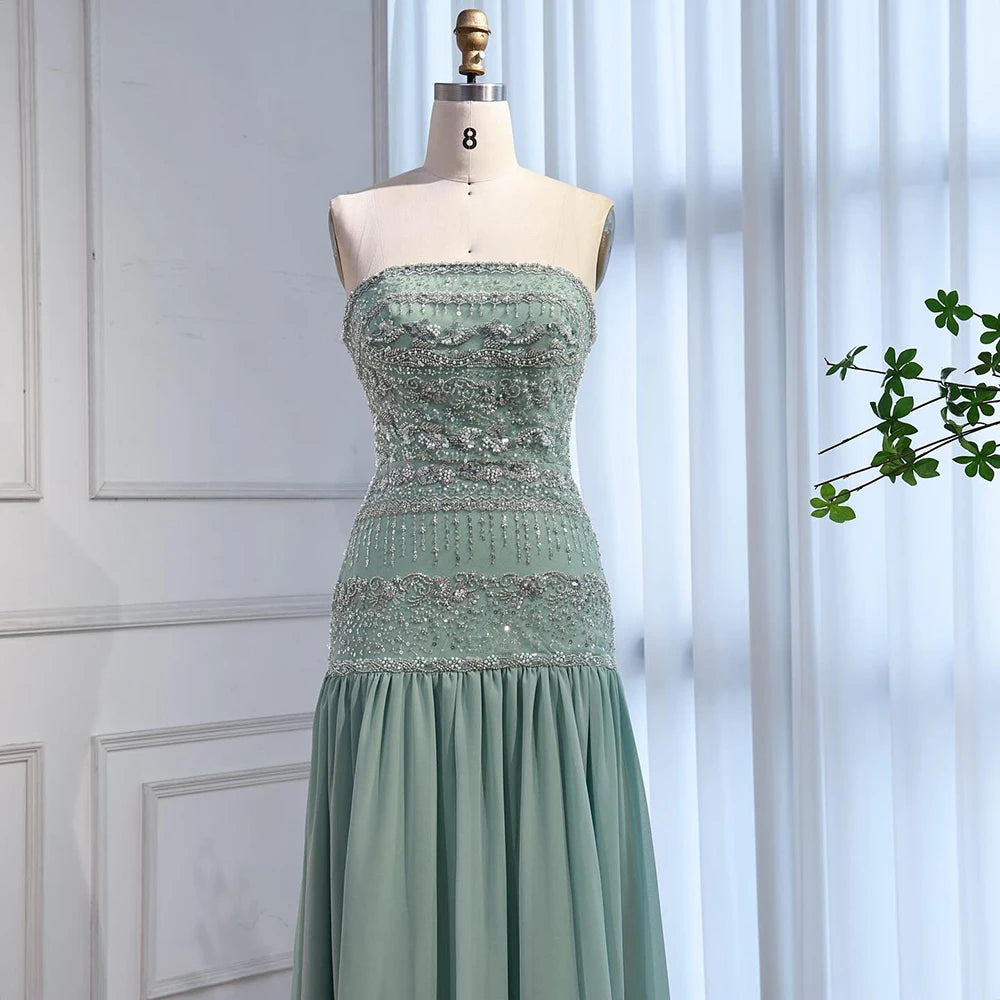 Luxury Sage Green A-Line Evening Dress with Cape LA73044A