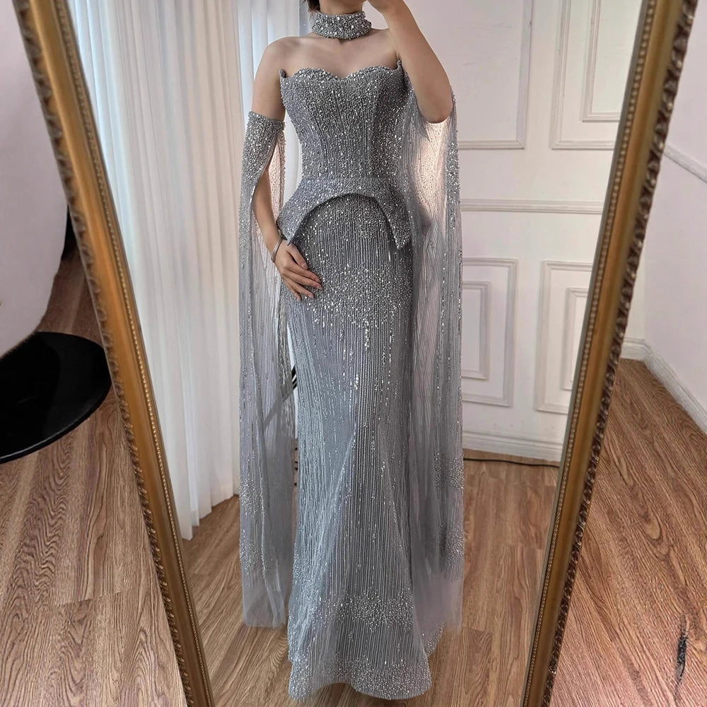 Luxury Gray Beaded Off-Shoulder Evening Dress with Cape Sleeves LA73076