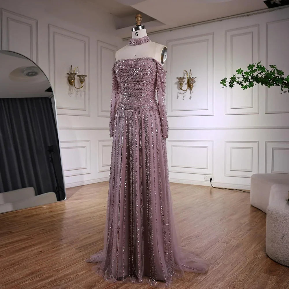 Caramel Off Shoulder Beaded Mermaid Evening Dress Long Sleeves LA73053