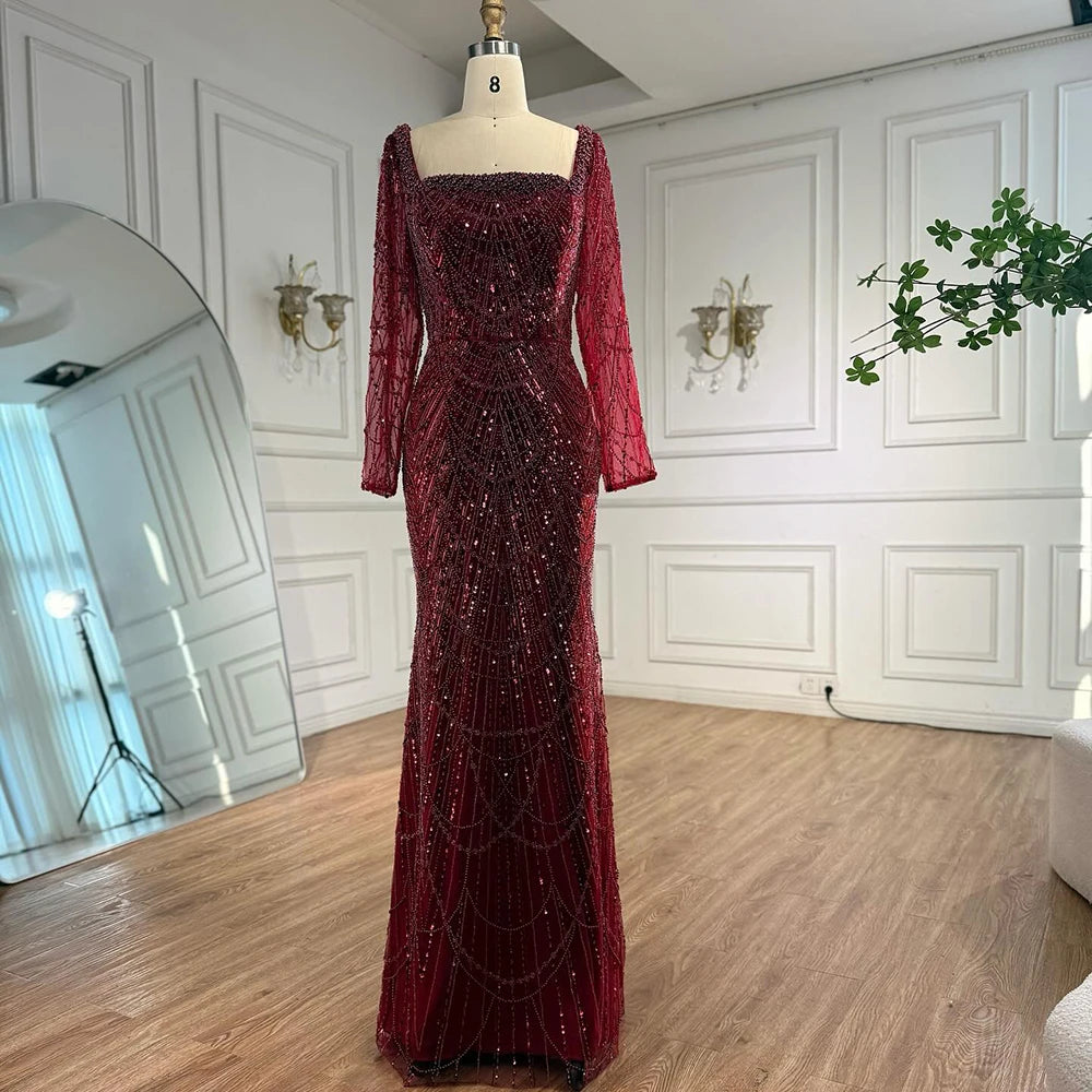 שמלת ערב מרובעת כחולה עם שרוולים ארוכים מידה גדולה LA72032N