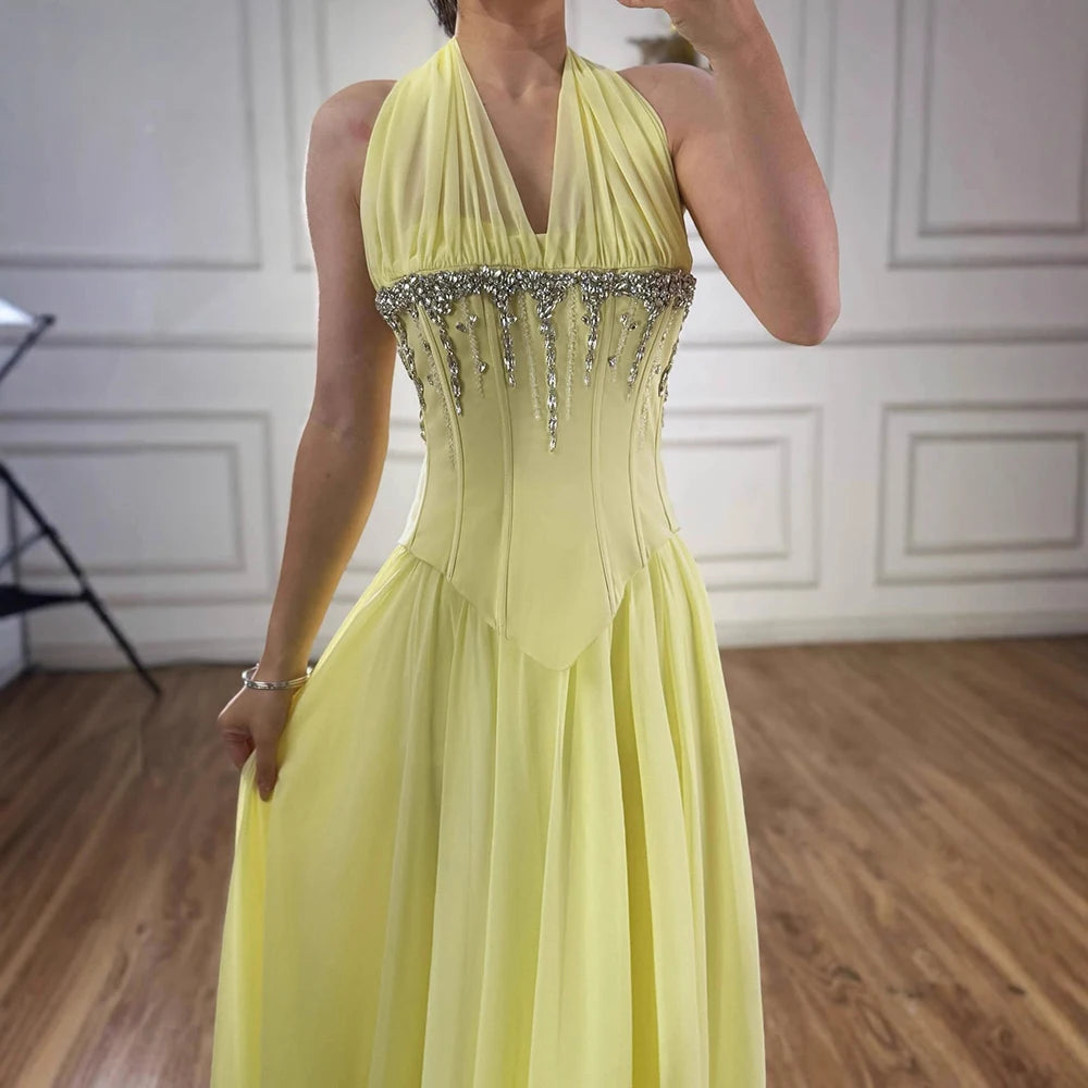 Luxury Designer Sage Green Chiffon Halter Beaded   Evening Dress LA73074