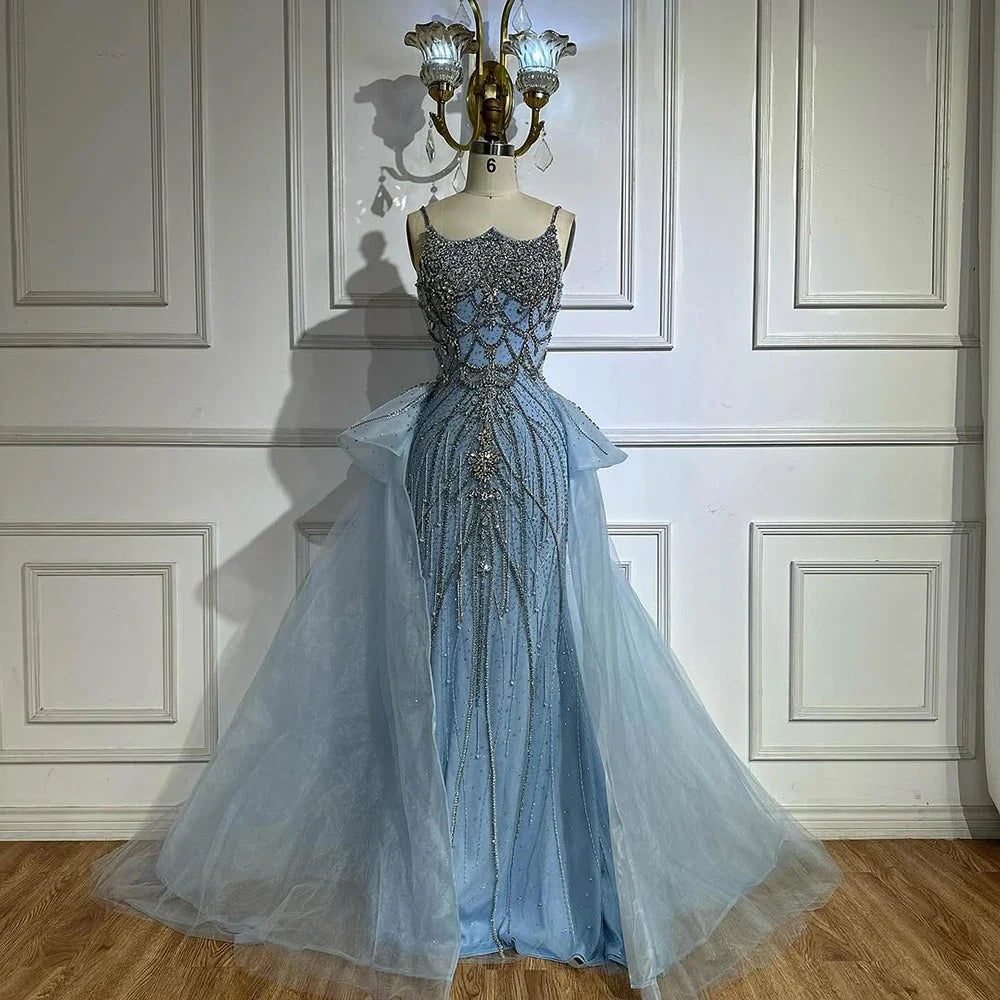 Luxury Dubai Nude Saudi Beaded Spaghetti Strap Evening Dress with Overskirt LA72810
