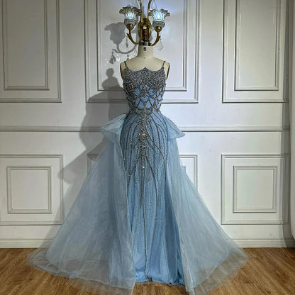 Luxury Dubai Nude Saudi Beaded Spaghetti Strap Evening Dress with Overskirt LA72810