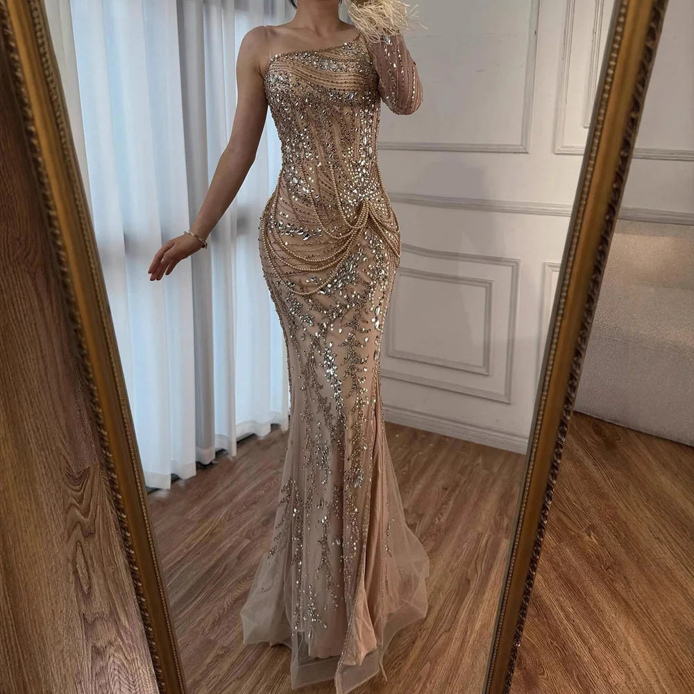 Luxury Nude One Shoulder Beaded Feather Mermaid Evening Dress LA72353