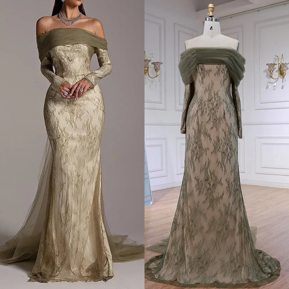 Elegant Olive Green Evening Dress with Lace Sleeves LA72942