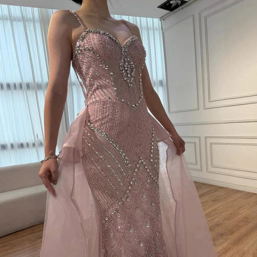 Luxury Pink Crystal Beaded Mermaid Evening Dress with Overskirt LA73143