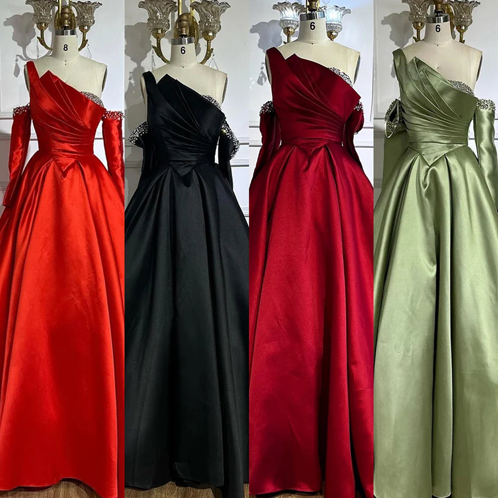 Luxury Black Satin One Shoulder Beaded A-Line Evening Dress LA72741