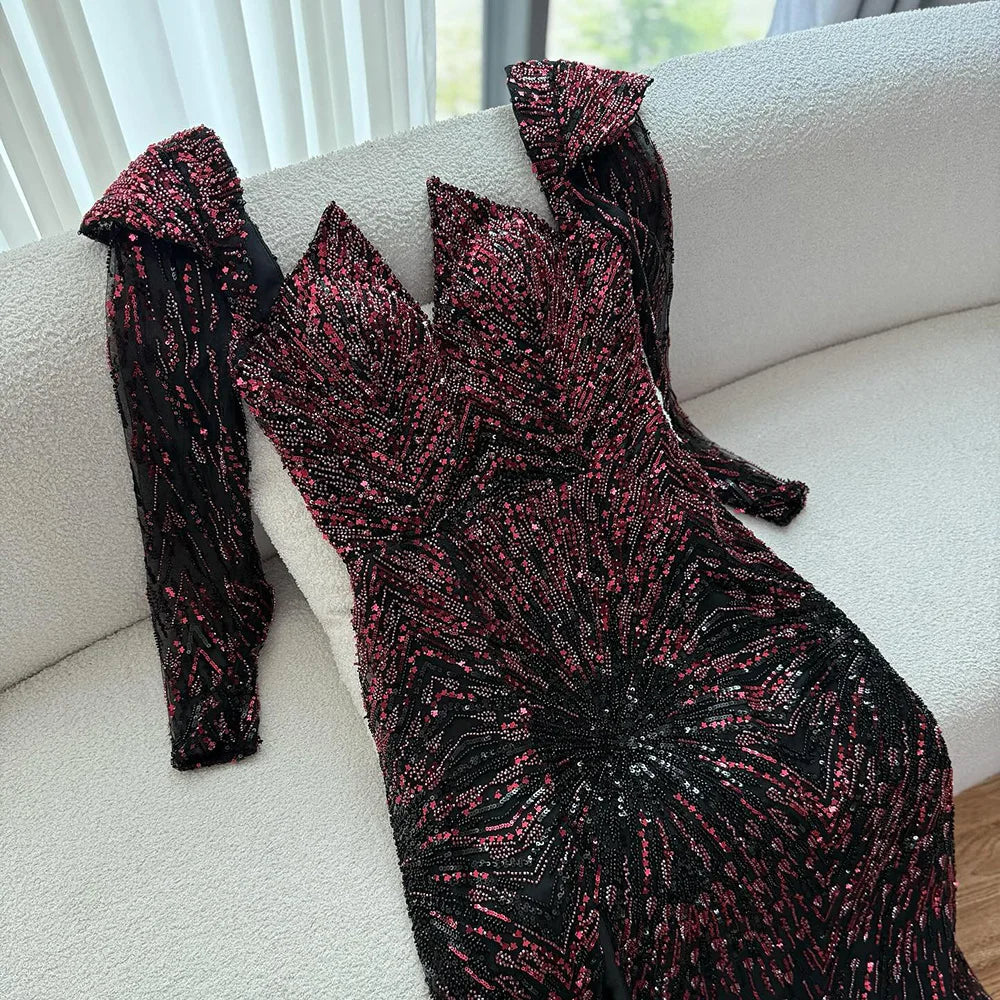 Luxury Wine Red Sequined Long Sleeve Evening Dress LA73126